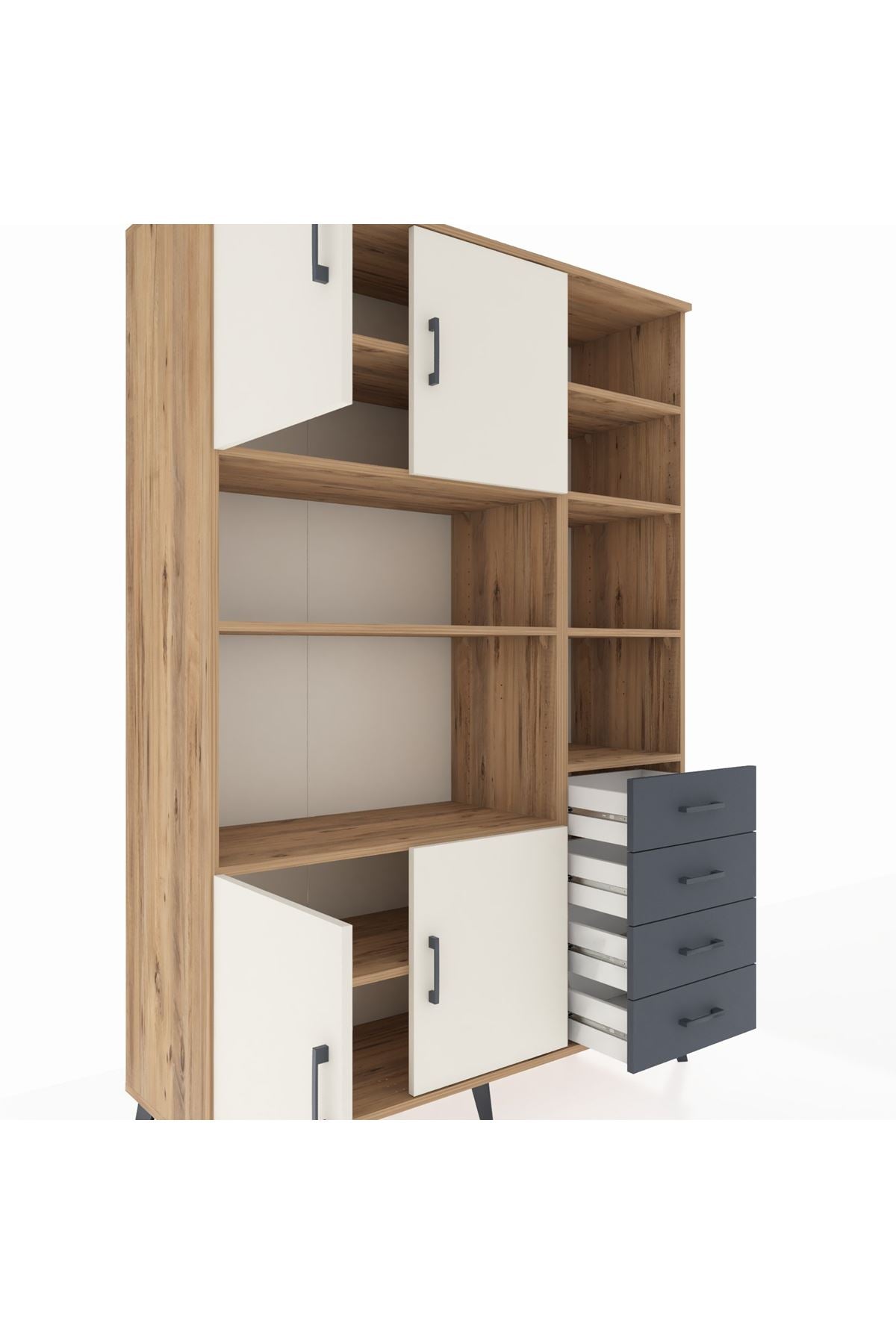 Hyperion Dolap 9 Raflı 4 Çekmeceli 4 Kapaklı 132x44x195 Çam-Aytaşı/Antrasit