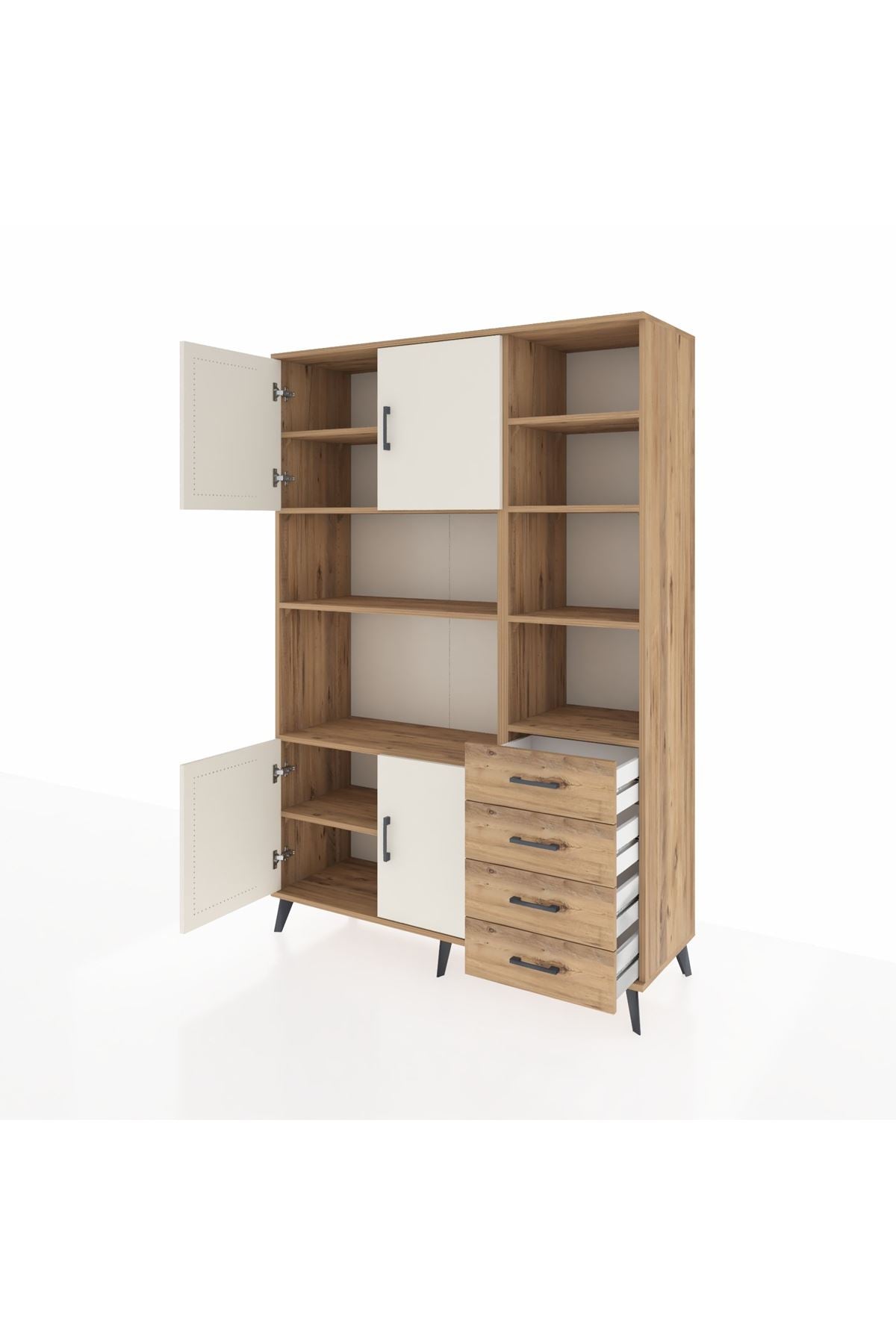 Hyperion Dolap 9 Raflı 4 Çekmeceli 4 Kapaklı 132x44x195 Çam-Aytaşı/Çam