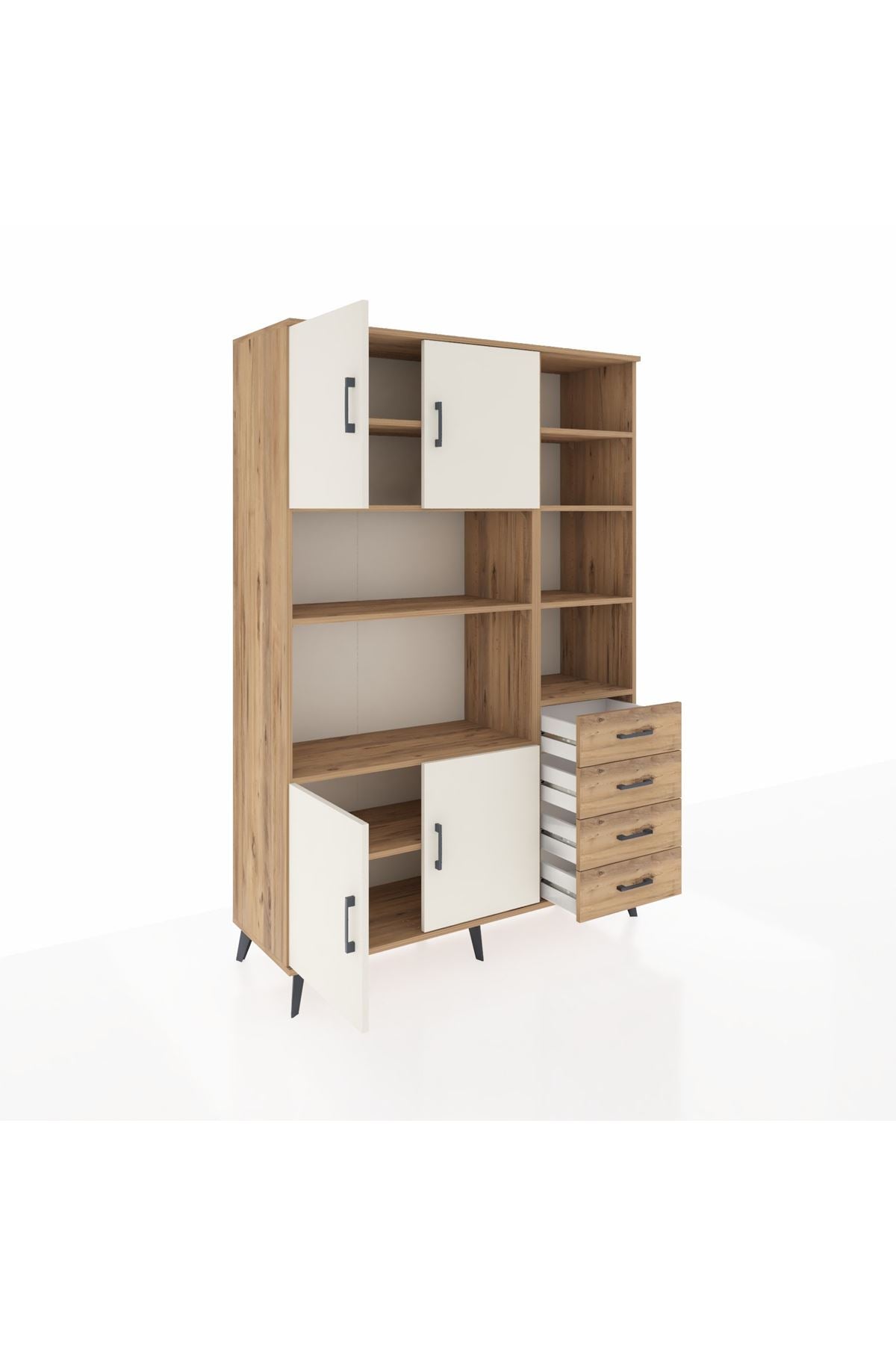 Hyperion Dolap 9 Raflı 4 Çekmeceli 4 Kapaklı 132x44x195 Çam-Aytaşı/Çam