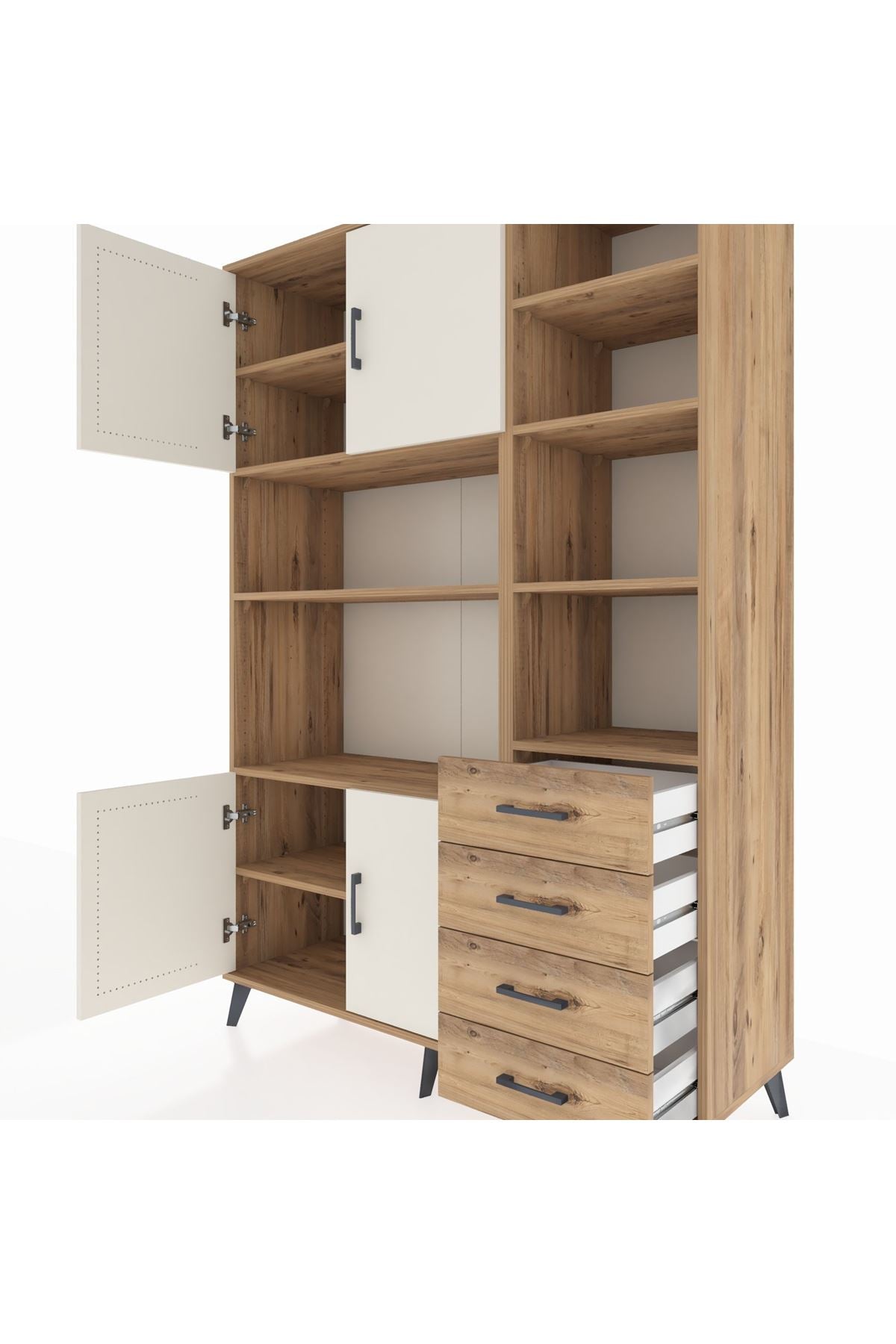 Hyperion Dolap 9 Raflı 4 Çekmeceli 4 Kapaklı 132x44x195 Çam-Aytaşı/Çam