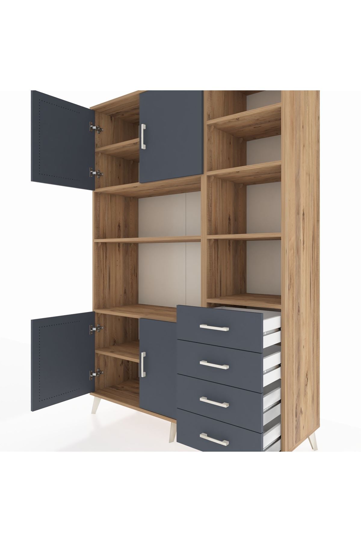 Hyperion Dolap 9 Raflı 4 Çekmeceli 4 Kapaklı 132x44x195 Çam-Antrasit/Antrasit