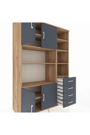 Hyperion Dolap 9 Raflı 4 Çekmeceli 4 Kapaklı 132x44x195 Çam-Antrasit/Antrasit