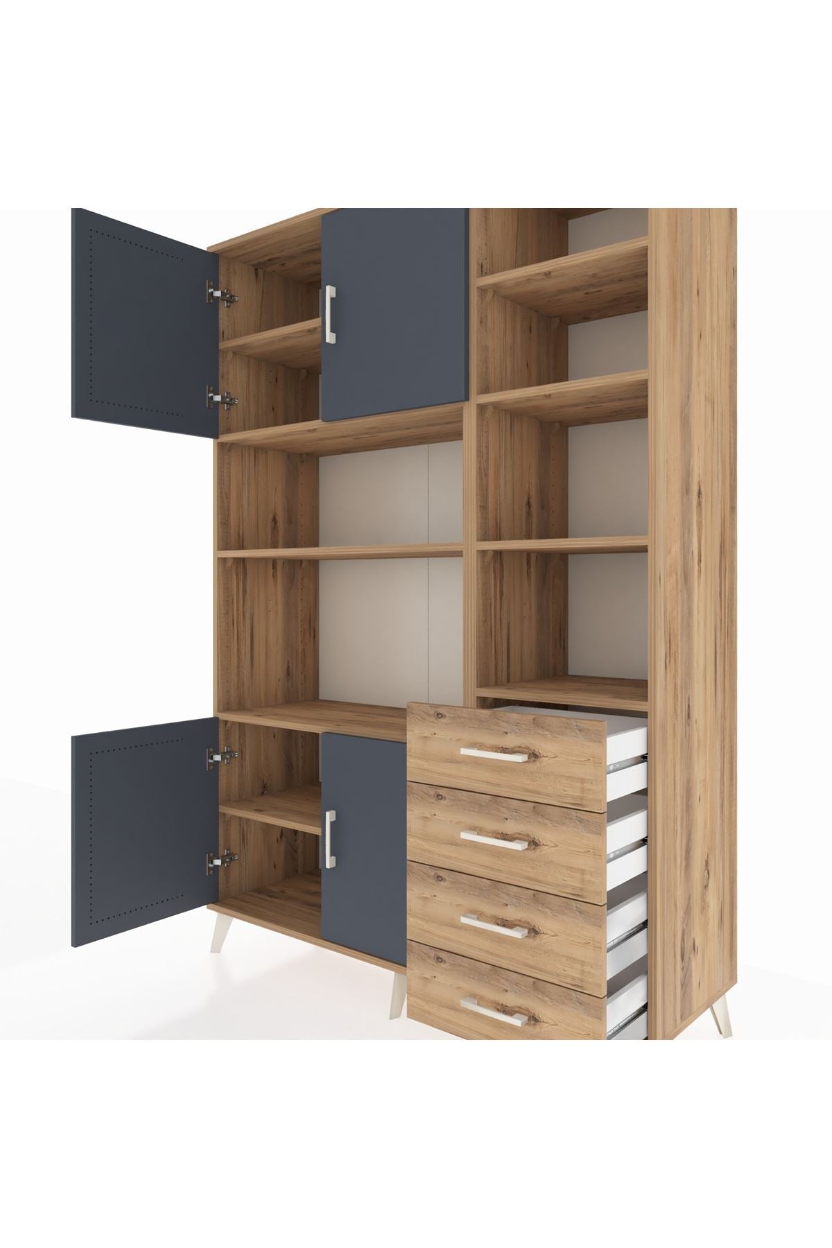 Hyperion Dolap 9 Raflı 4 Çekmeceli 4 Kapaklı 132x44x195 Çam-Antrasit/Çam