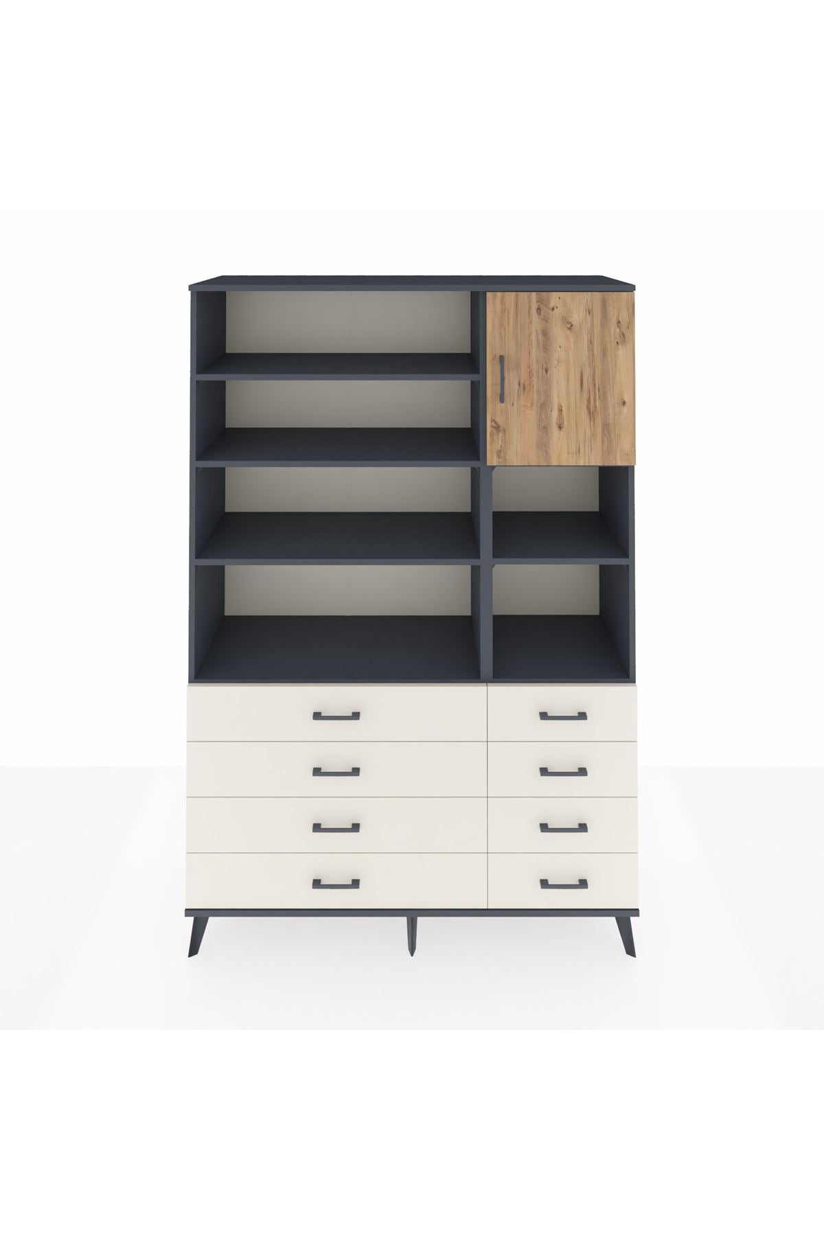 Hyperion Dolap 8 Raflı 8 Çekmeceli Tek Kapaklı  132x44x195 Antrasit-Çam/Aytaşı