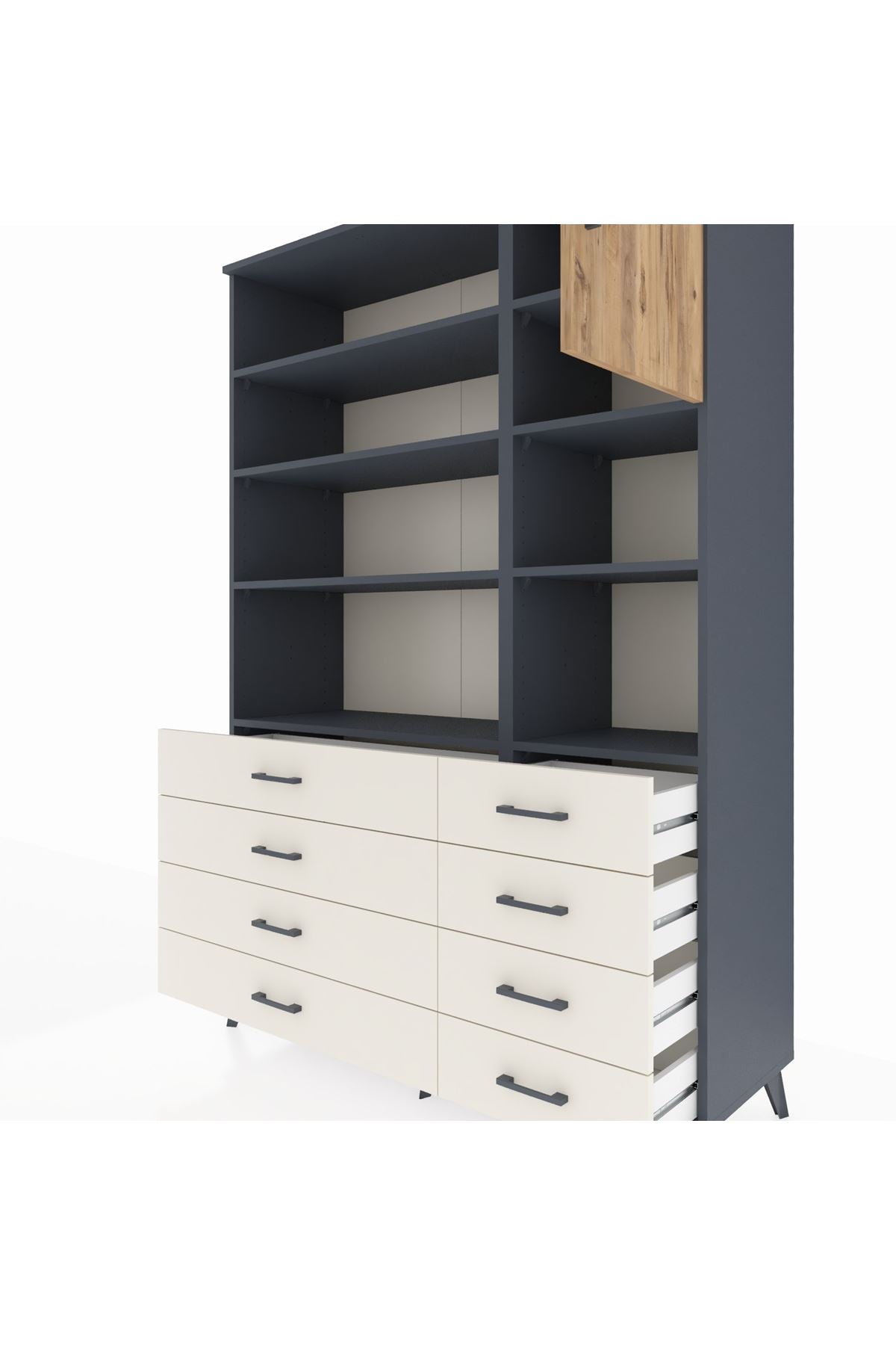 Hyperion Dolap 8 Raflı 8 Çekmeceli Tek Kapaklı  132x44x195 Antrasit-Çam/Aytaşı