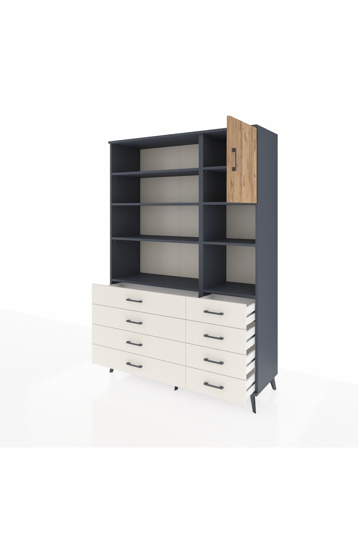 Hyperion Dolap 8 Raflı 8 Çekmeceli Tek Kapaklı  132x44x195 Antrasit-Çam/Aytaşı