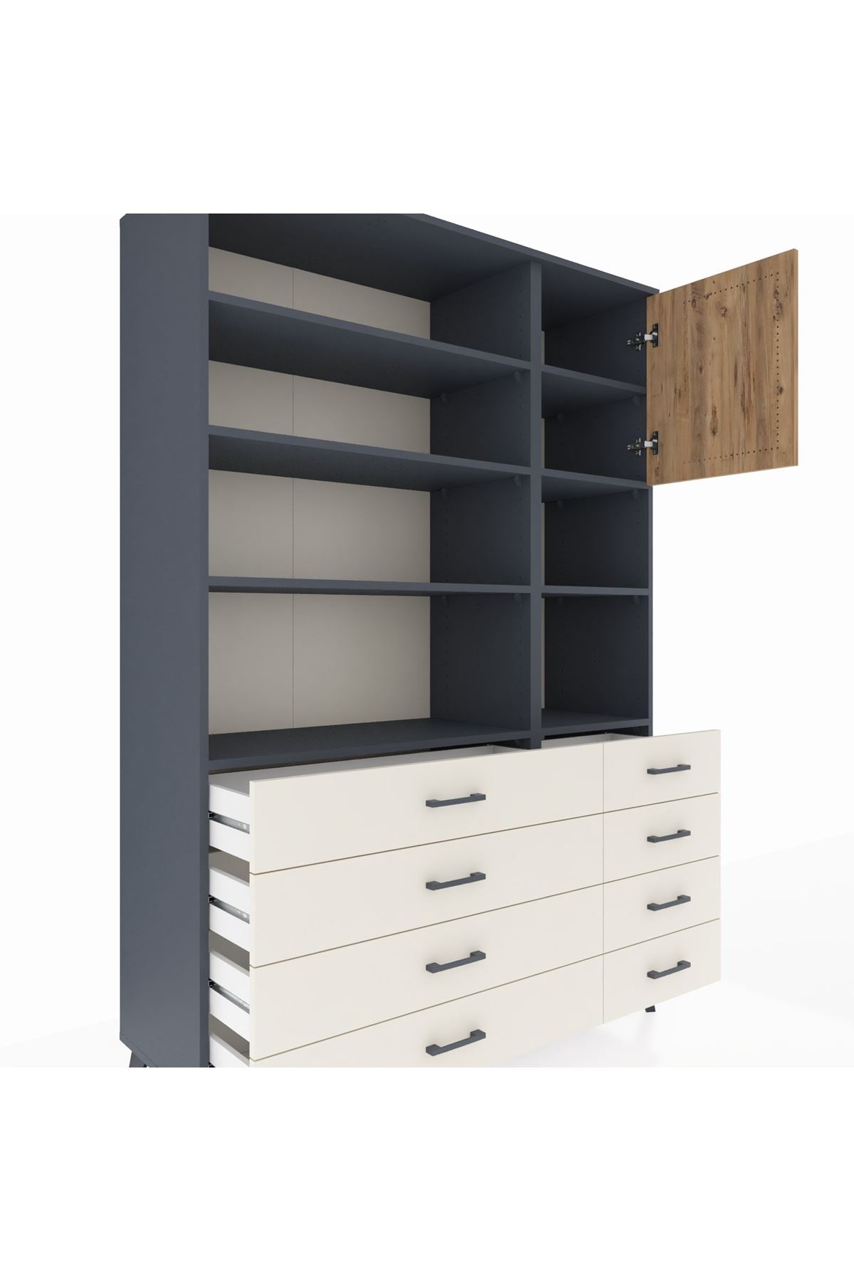 Hyperion Dolap 8 Raflı 8 Çekmeceli Tek Kapaklı  132x44x195 Antrasit-Çam/Aytaşı