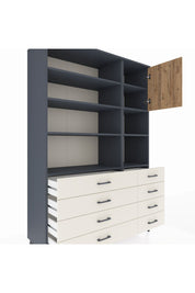 Hyperion Dolap 8 Raflı 8 Çekmeceli Tek Kapaklı  132x44x195 Antrasit-Çam/Aytaşı