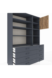 Hyperion Dolap 8 Raflı 8 Çekmeceli Tek Kapaklı  132x44x195 Antrasit-Çam/Antrasit