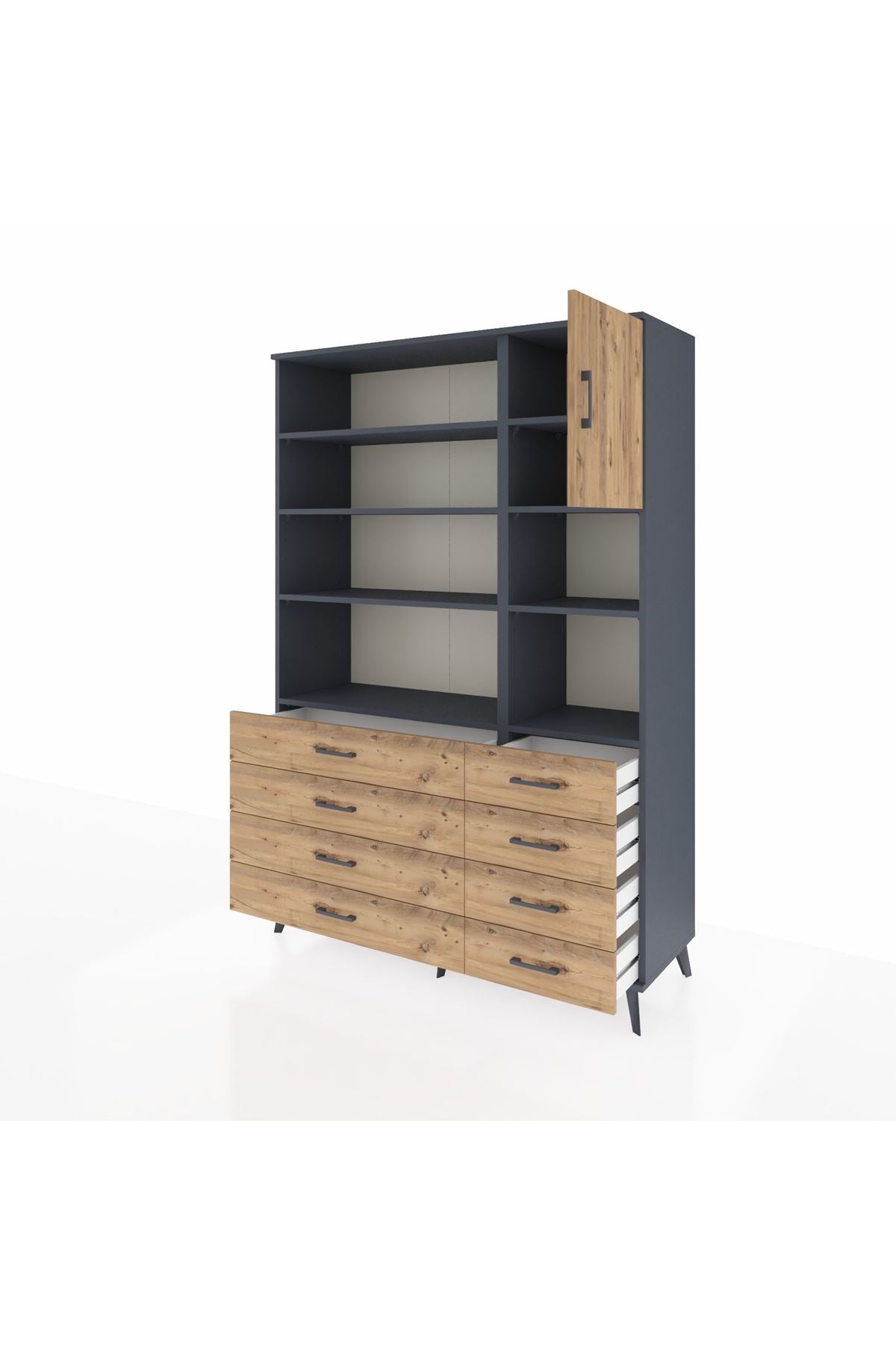Hyperion Dolap 8 Raflı 8 Çekmeceli Tek Kapaklı  132x44x195 Antrasit-Çam/Çam