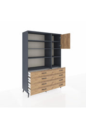 Hyperion Dolap 8 Raflı 8 Çekmeceli Tek Kapaklı  132x44x195 Antrasit-Çam/Çam