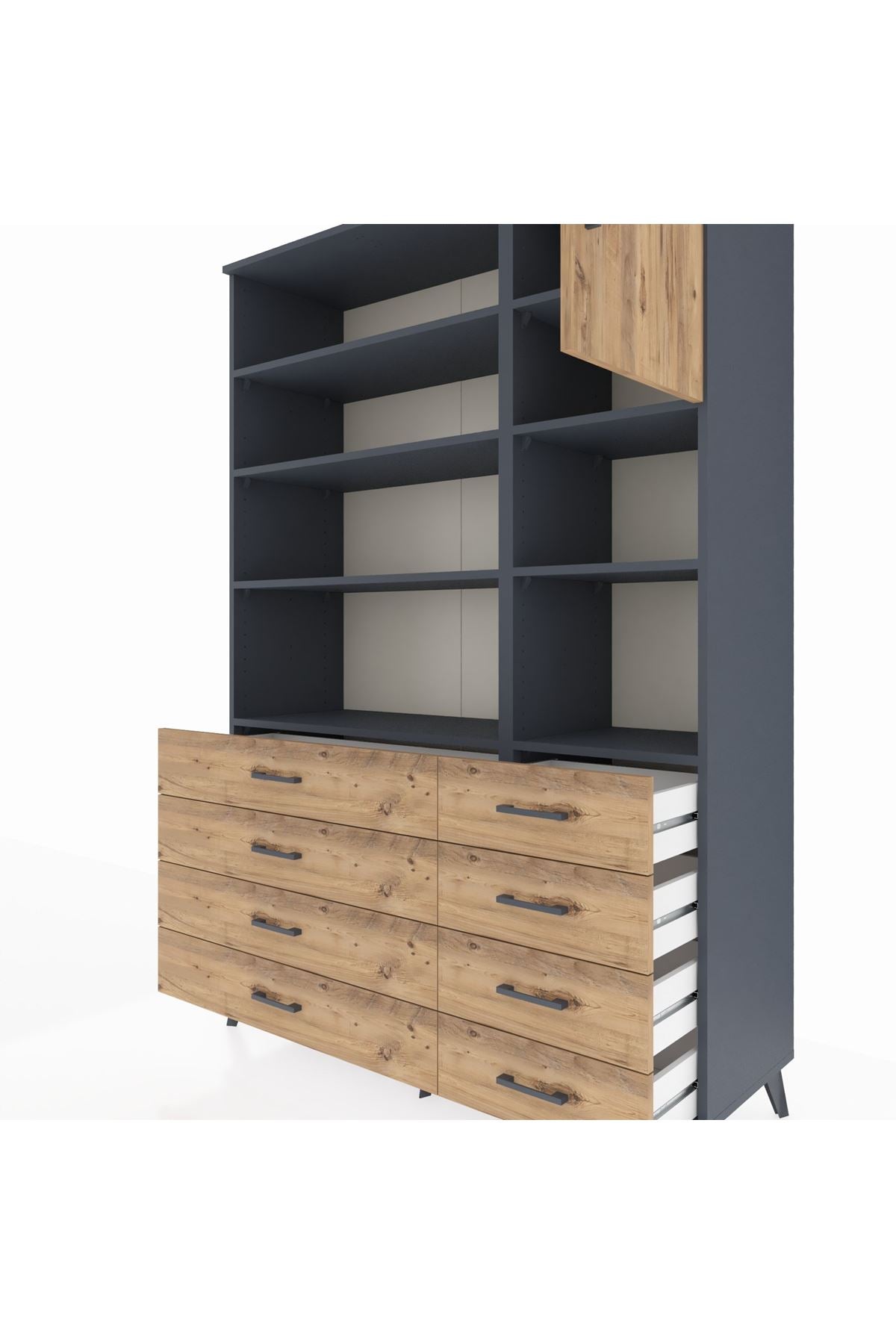 Hyperion Dolap 8 Raflı 8 Çekmeceli Tek Kapaklı  132x44x195 Antrasit-Çam/Çam