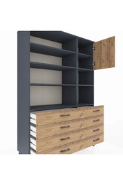 Hyperion Dolap 8 Raflı 8 Çekmeceli Tek Kapaklı  132x44x195 Antrasit-Çam/Çam