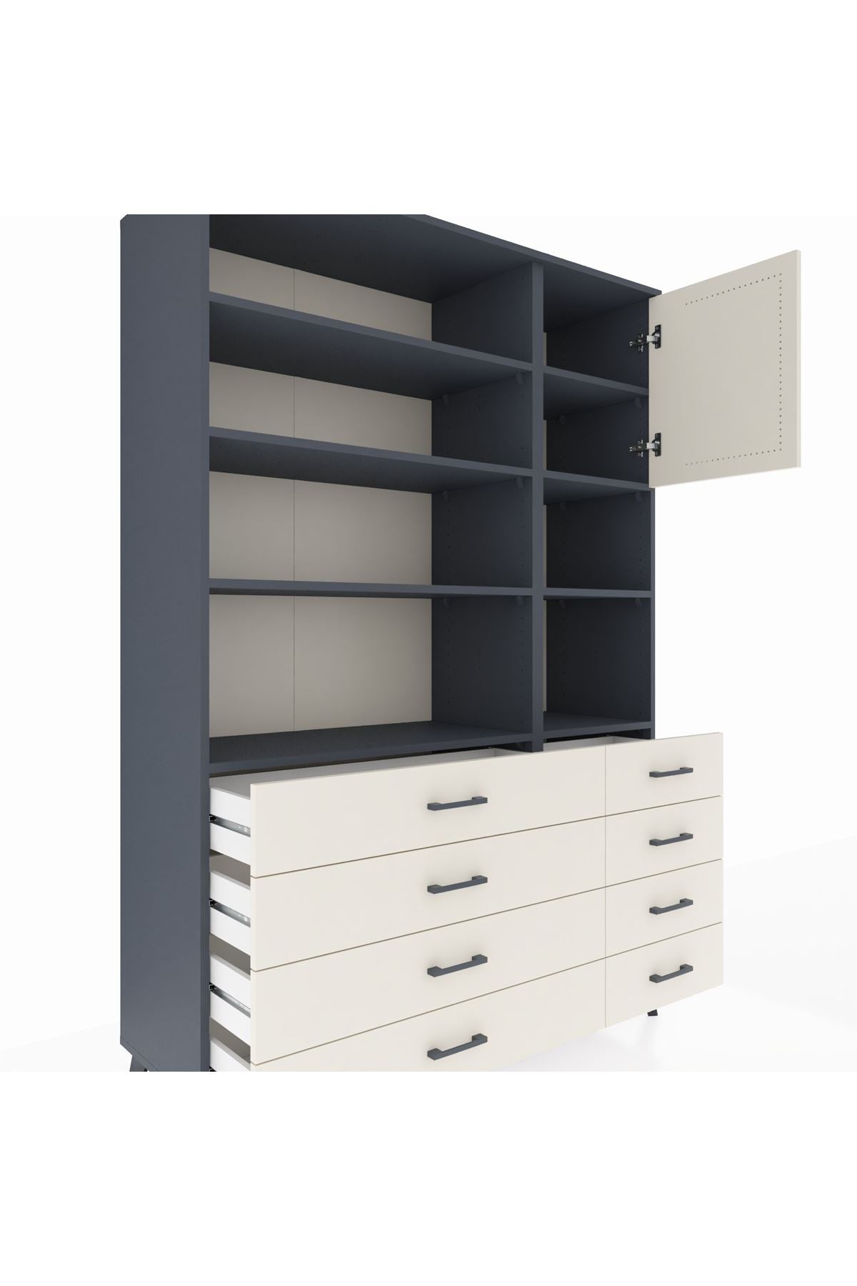Hyperion Dolap 8 Raflı 8 Çekmeceli Tek Kapaklı  132x44x195 Antrasit-Aytaşı/Aytaşı