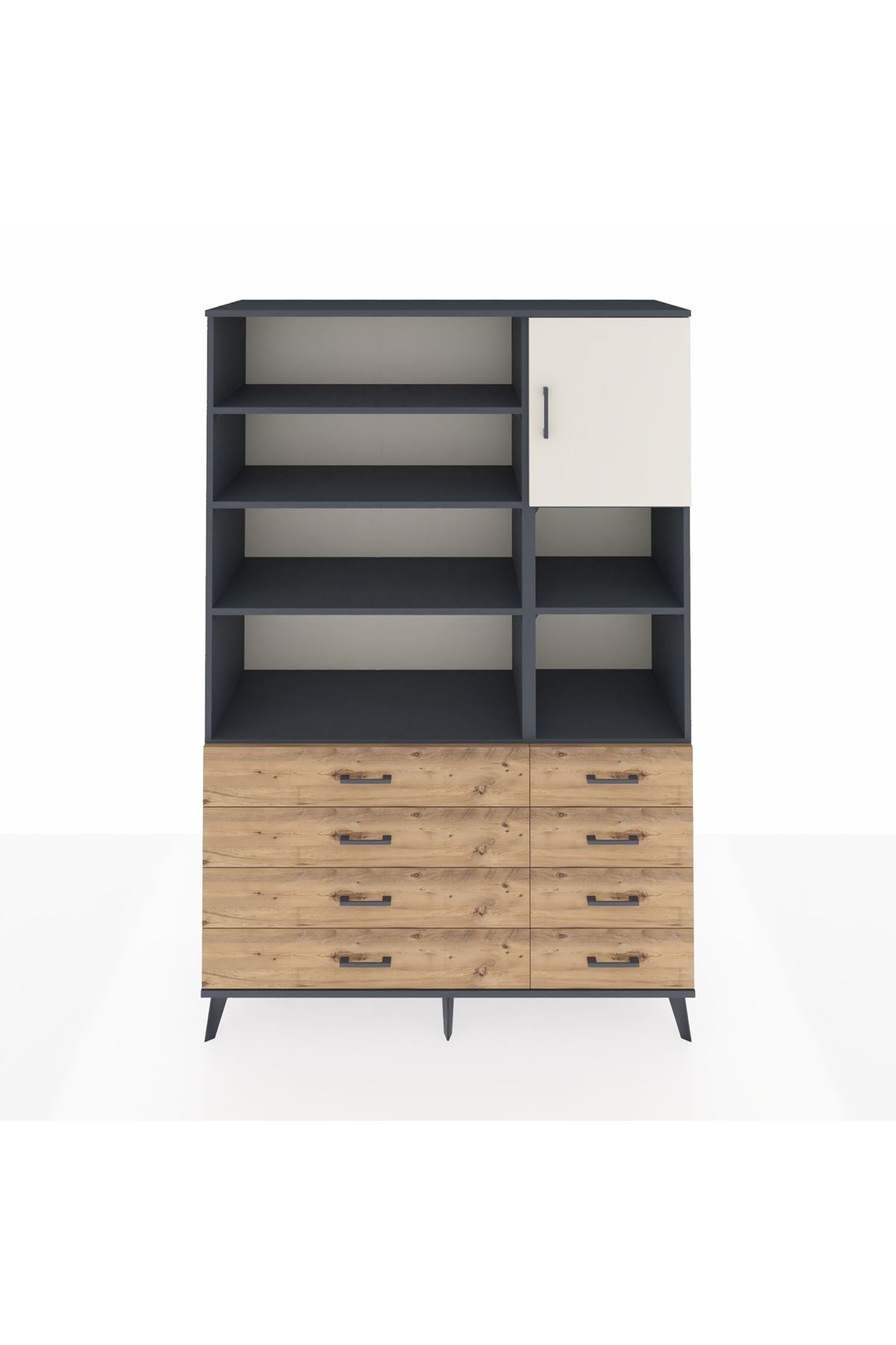 Hyperion Dolap 8 Raflı 8 Çekmeceli Tek Kapaklı  132x44x195 Antrasit-Aytaşı/Çam