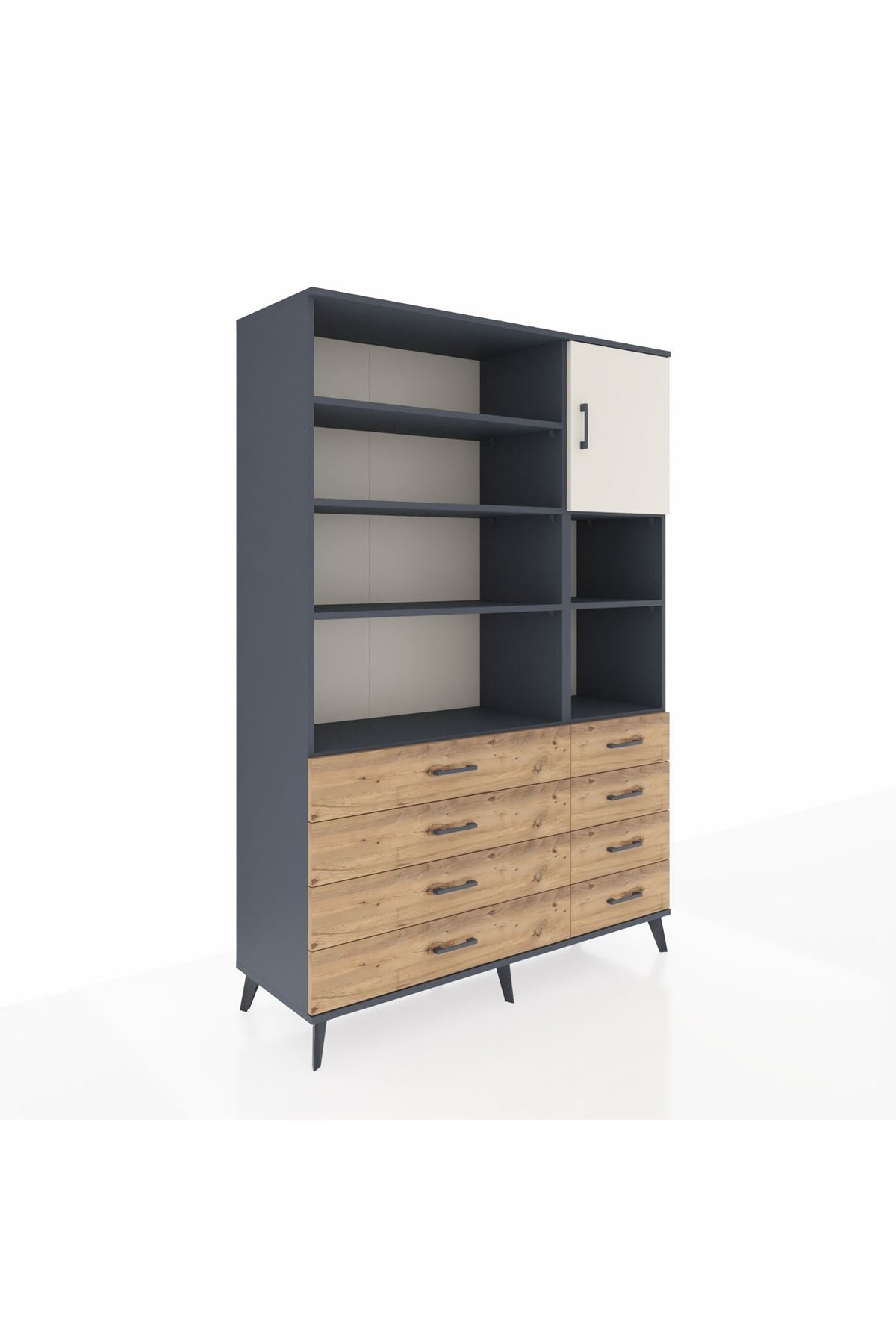 Hyperion Dolap 8 Raflı 8 Çekmeceli Tek Kapaklı  132x44x195 Antrasit-Aytaşı/Çam