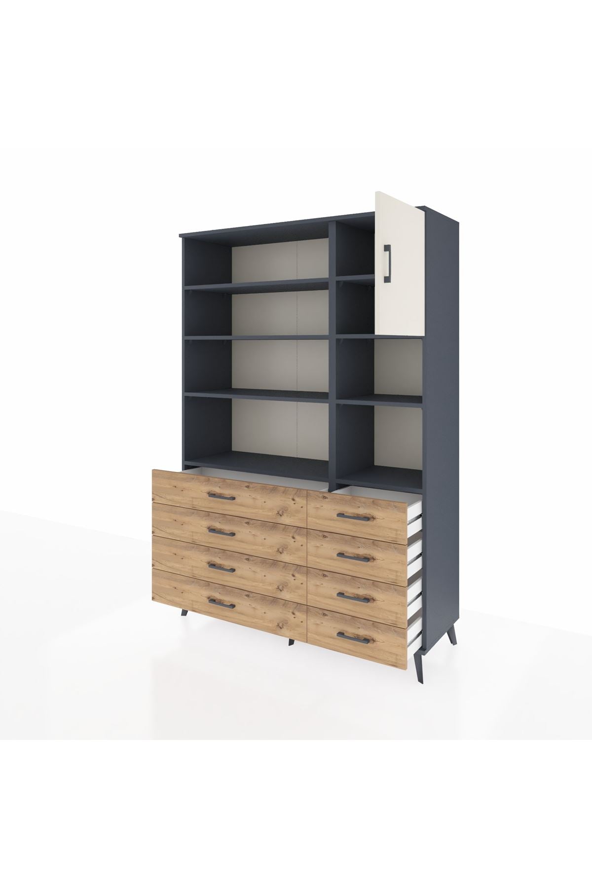 Hyperion Dolap 8 Raflı 8 Çekmeceli Tek Kapaklı  132x44x195 Antrasit-Aytaşı/Çam