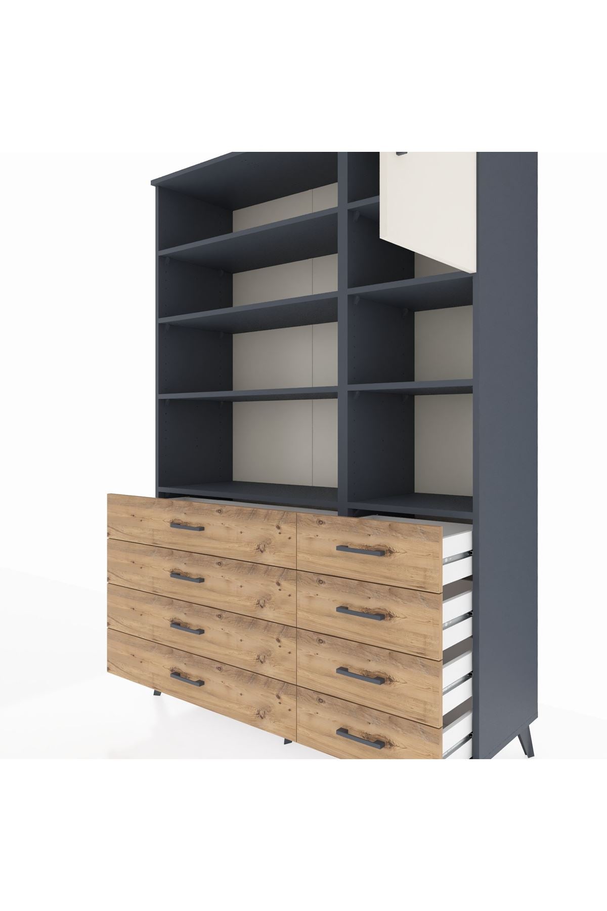 Hyperion Dolap 8 Raflı 8 Çekmeceli Tek Kapaklı  132x44x195 Antrasit-Aytaşı/Çam