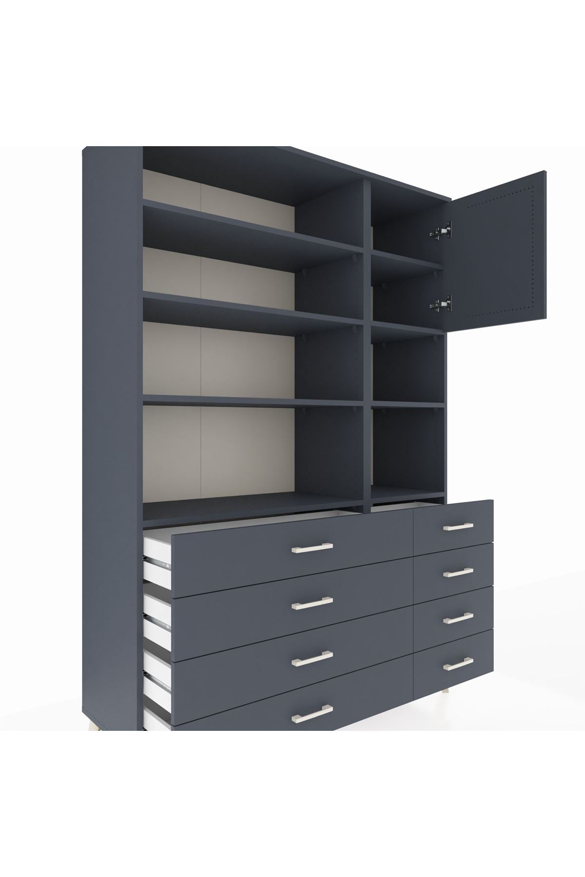 Hyperion Dolap 8 Raflı 8 Çekmeceli Tek Kapaklı  132x44x195 Antrasit-Antrasit/Antrasit