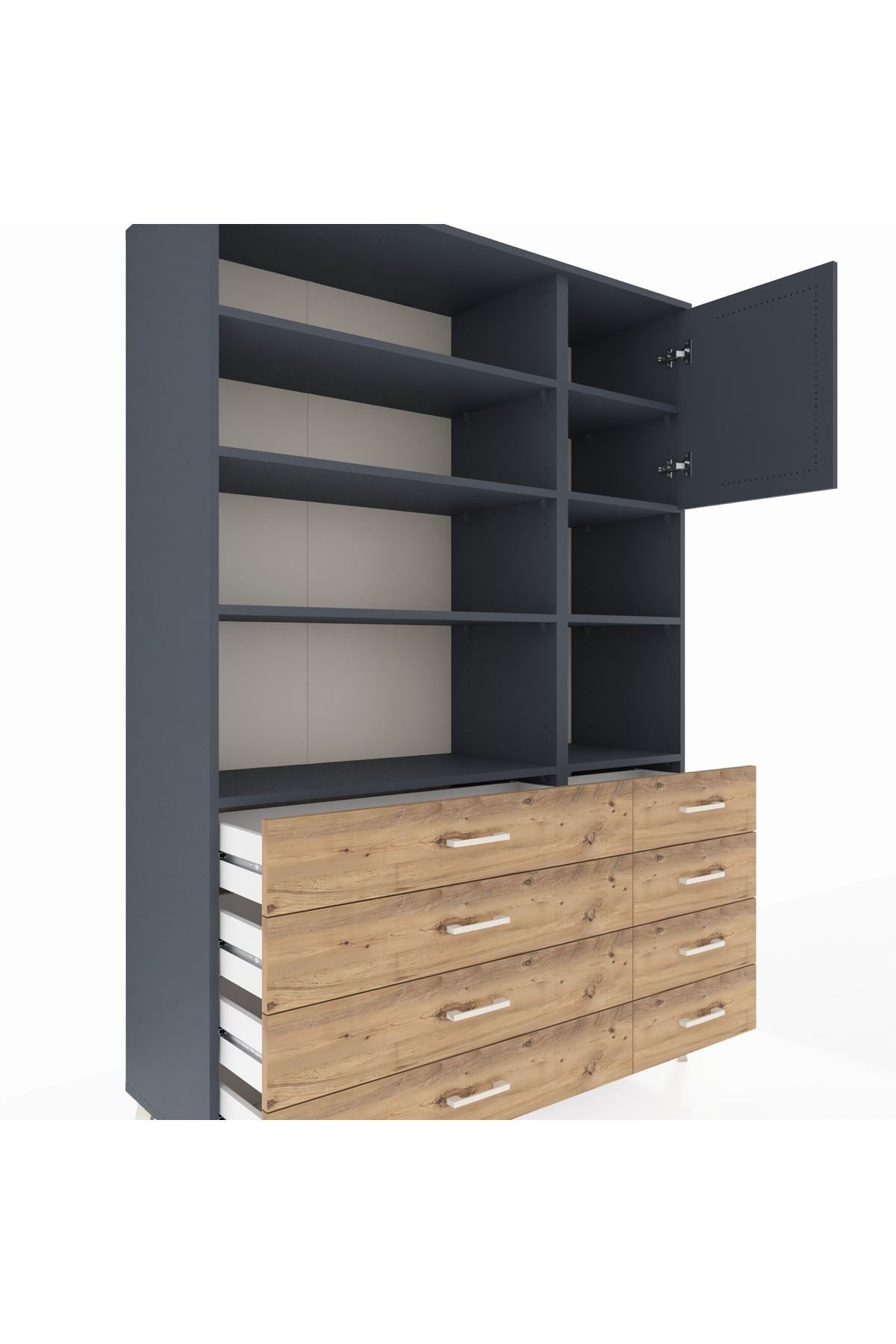 Hyperion Dolap 8 Raflı 8 Çekmeceli Tek Kapaklı  132x44x195 Antrasit-Antrasit/Çam