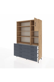 Hyperion Dolap 8 Raflı 8 Çekmeceli Tek Kapaklı  132x44x195 Çam-Çam/Antrasit