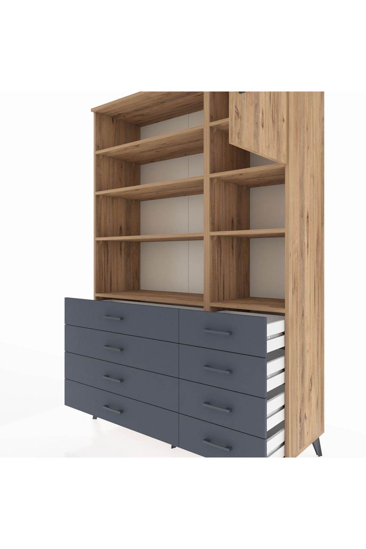 Hyperion Dolap 8 Raflı 8 Çekmeceli Tek Kapaklı  132x44x195 Çam-Çam/Antrasit