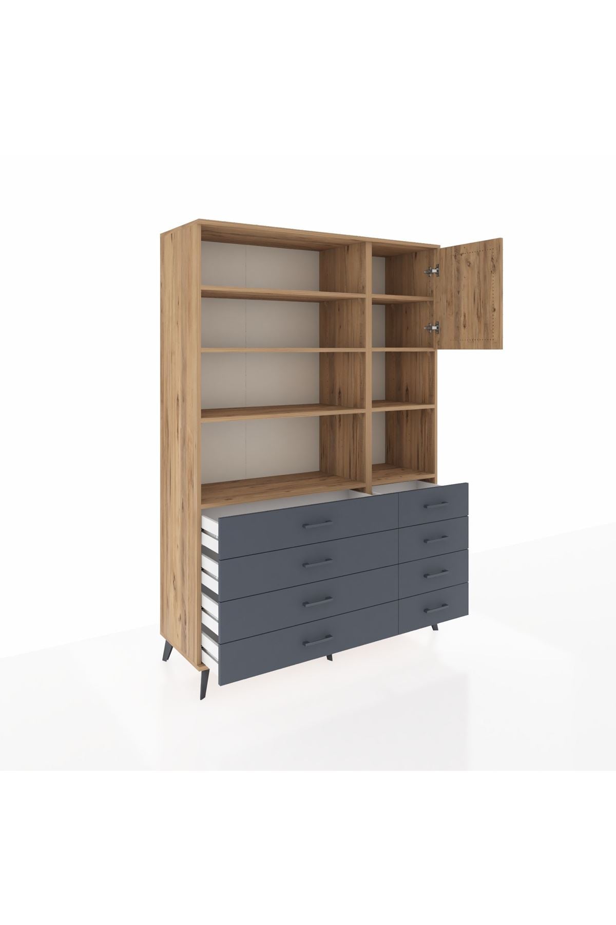 Hyperion Dolap 8 Raflı 8 Çekmeceli Tek Kapaklı  132x44x195 Çam-Çam/Antrasit