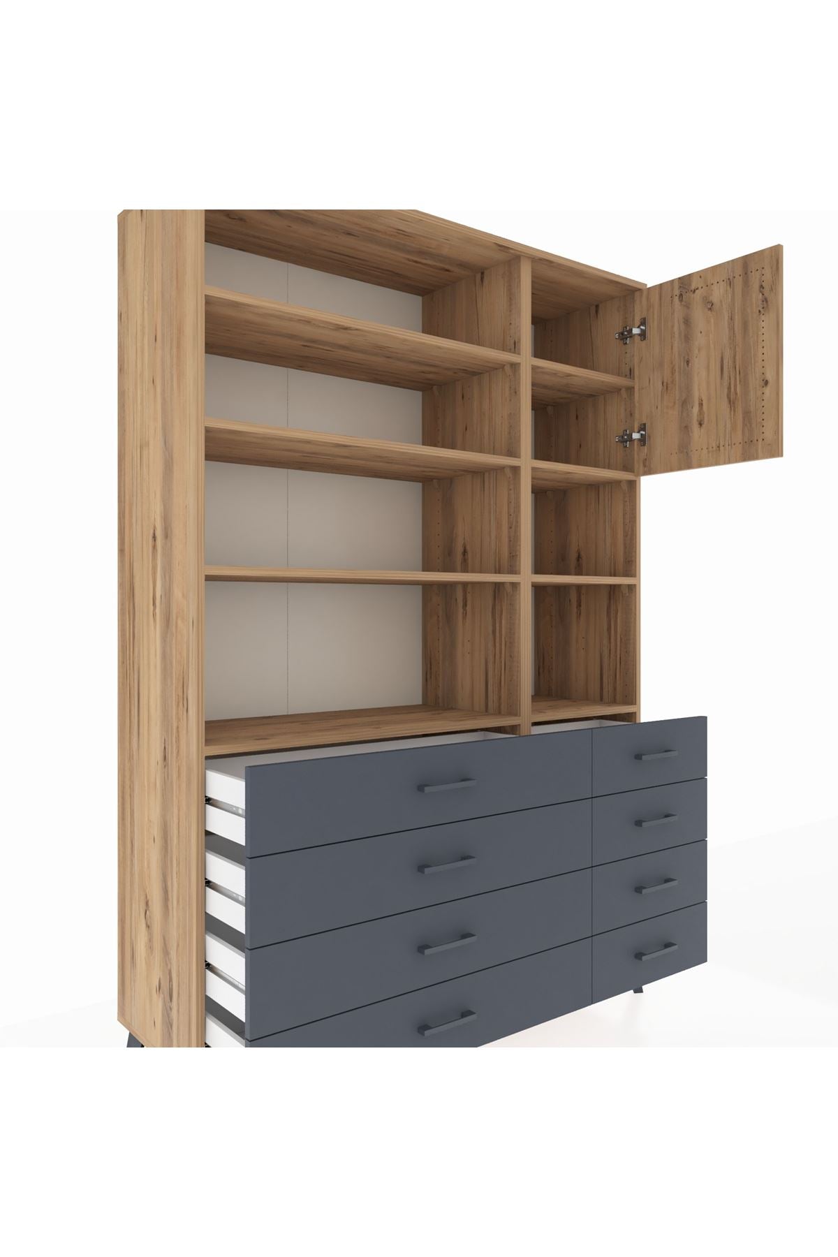 Hyperion Dolap 8 Raflı 8 Çekmeceli Tek Kapaklı  132x44x195 Çam-Çam/Antrasit