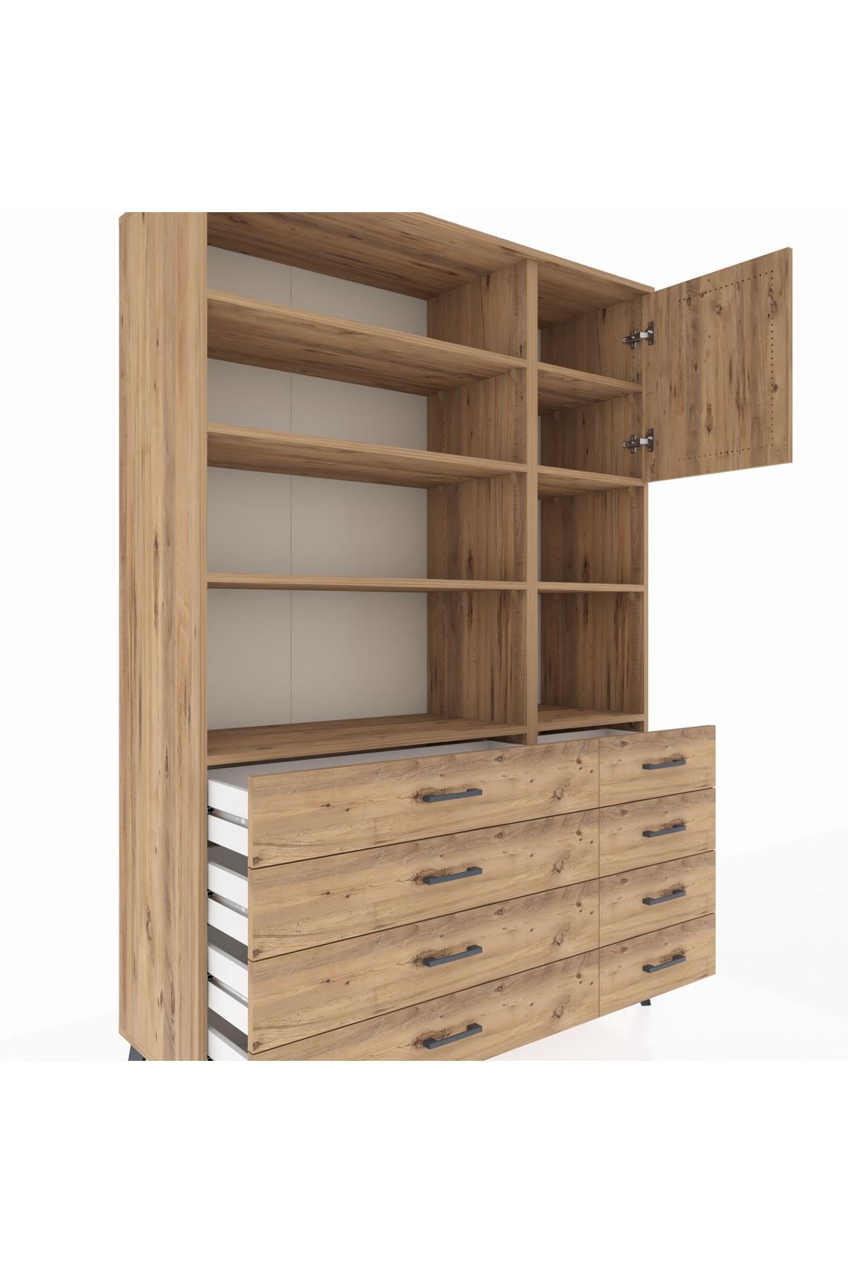 Hyperion Dolap 8 Raflı 8 Çekmeceli Tek Kapaklı  132x44x195 Çam-Çam/Çam