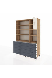 Hyperion Dolap 8 Raflı 8 Çekmeceli Tek Kapaklı  132x44x195 Çam-Aytaşı/Antrasit