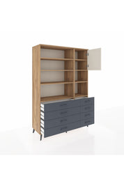 Hyperion Dolap 8 Raflı 8 Çekmeceli Tek Kapaklı  132x44x195 Çam-Aytaşı/Antrasit