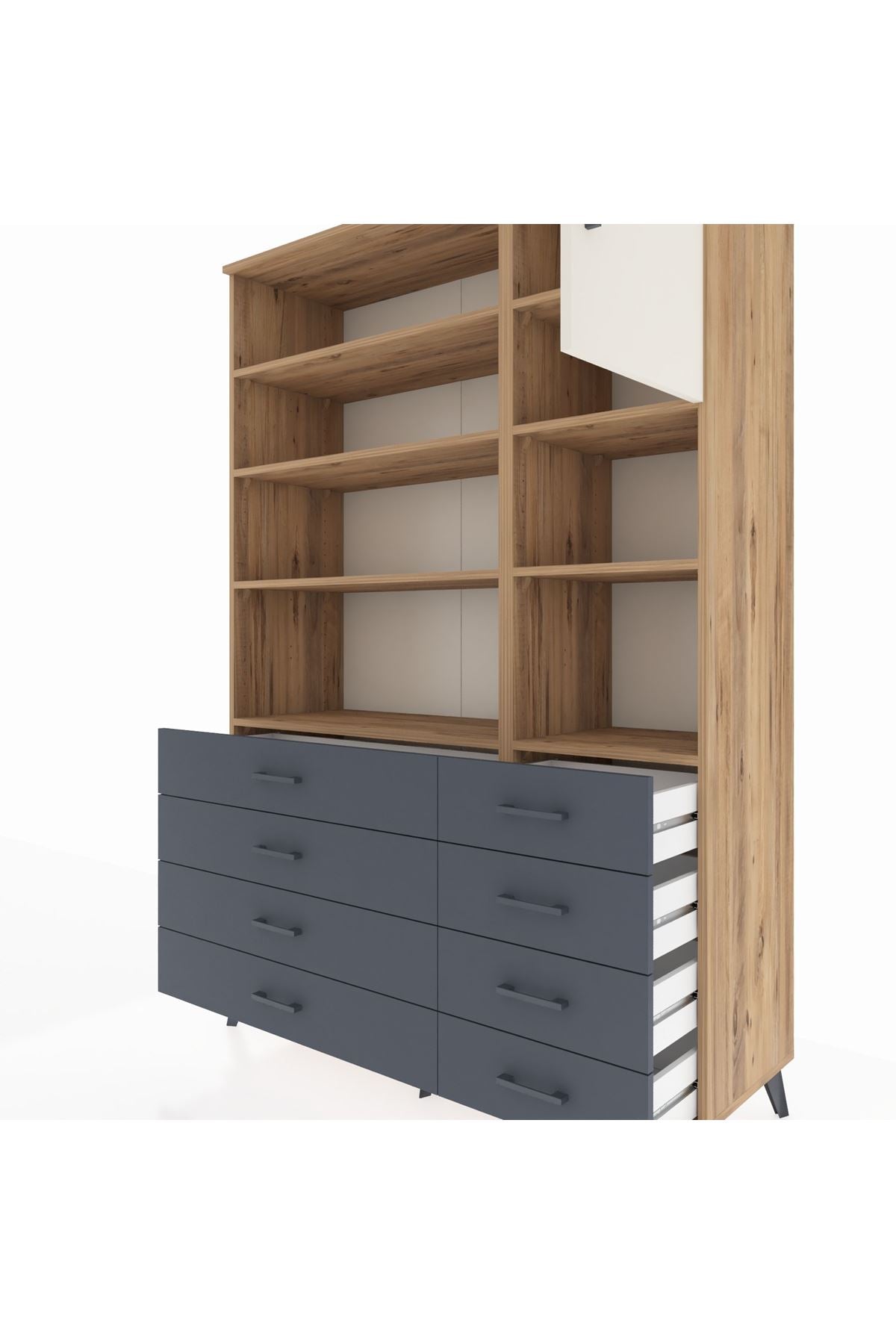 Hyperion Dolap 8 Raflı 8 Çekmeceli Tek Kapaklı  132x44x195 Çam-Aytaşı/Antrasit