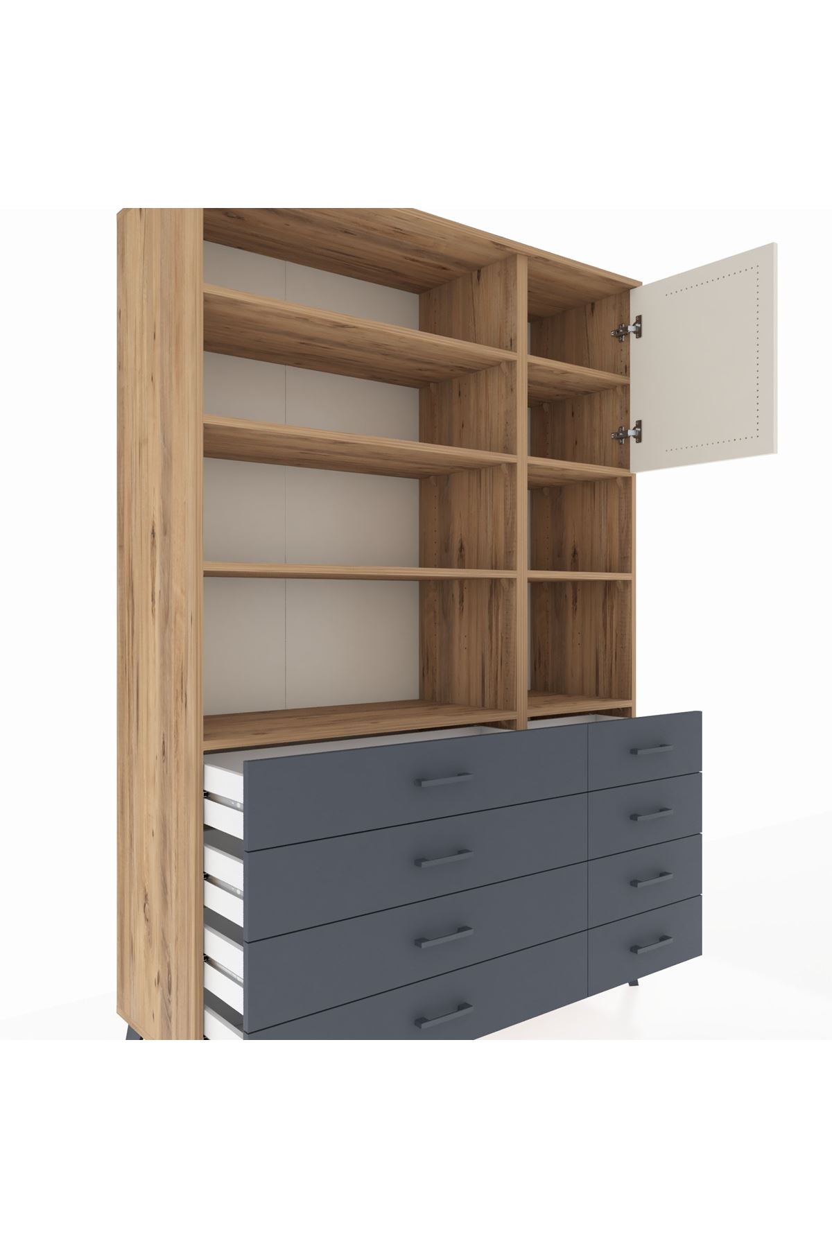 Hyperion Dolap 8 Raflı 8 Çekmeceli Tek Kapaklı  132x44x195 Çam-Aytaşı/Antrasit