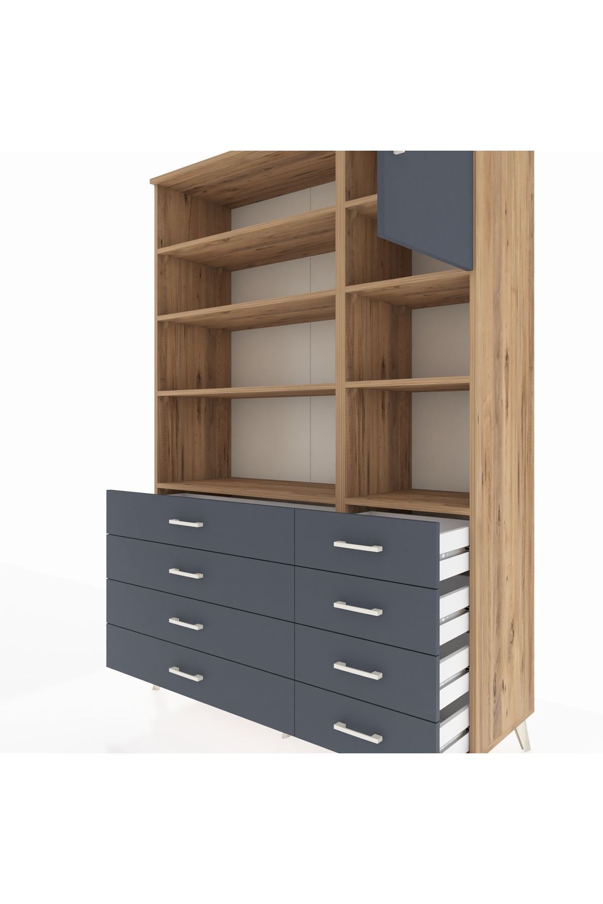 Hyperion Dolap 8 Raflı 8 Çekmeceli Tek Kapaklı  132x44x195 Çam-Antrasit/Antrasit