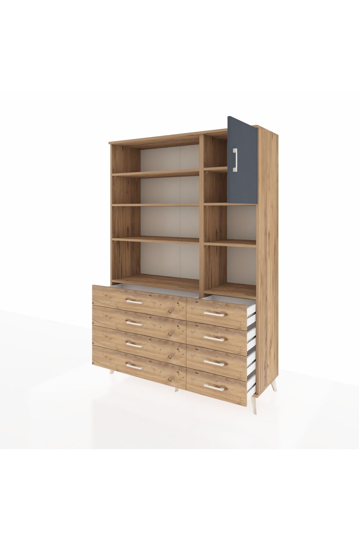 Hyperion Dolap 8 Raflı 8 Çekmeceli Tek Kapaklı  132x44x195 Çam-Antrasit/Çam