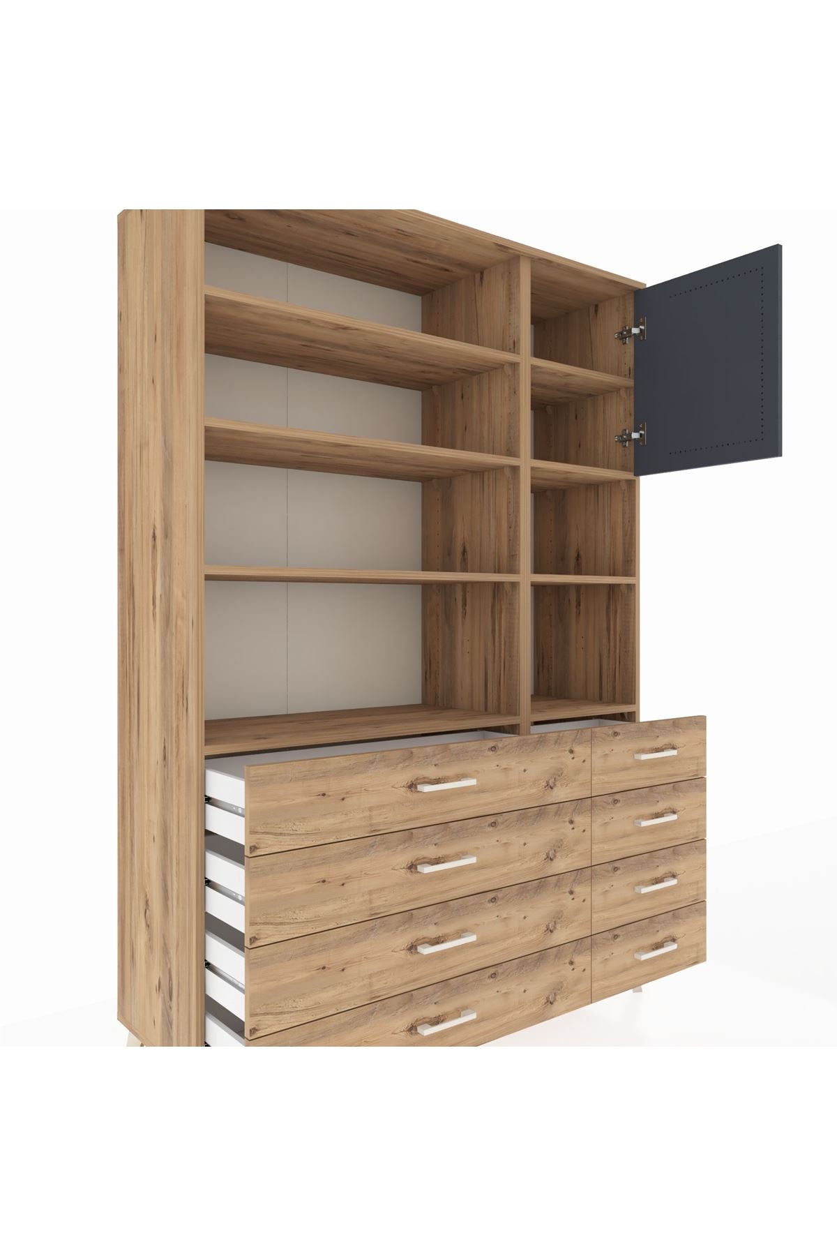 Hyperion Dolap 8 Raflı 8 Çekmeceli Tek Kapaklı  132x44x195 Çam-Antrasit/Çam