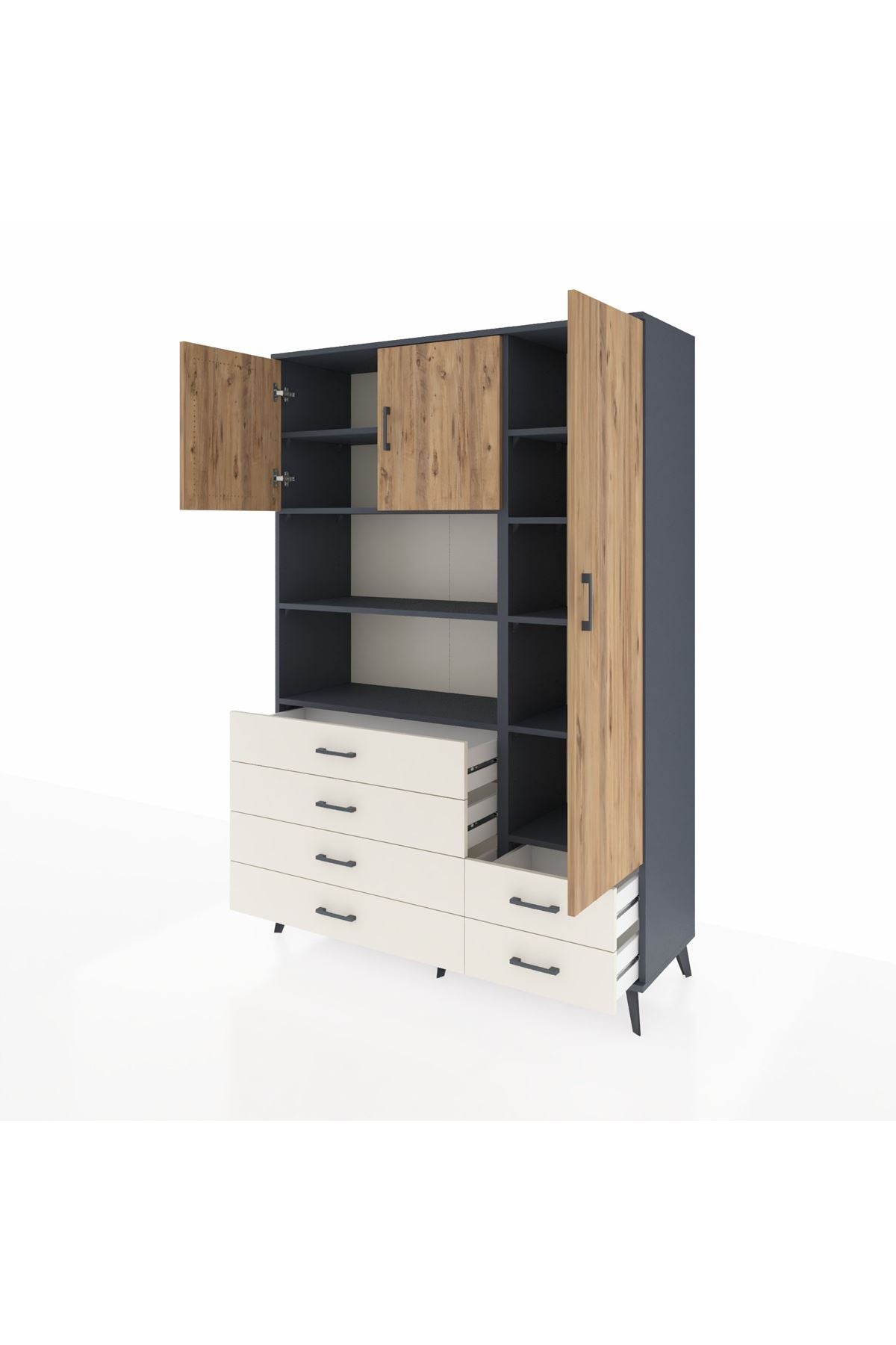 Hyperion Dolap 9 Raflı 6 Çekmeceli 3 Kapaklı 132x44x195 Antrasit-Çam/Aytaşı