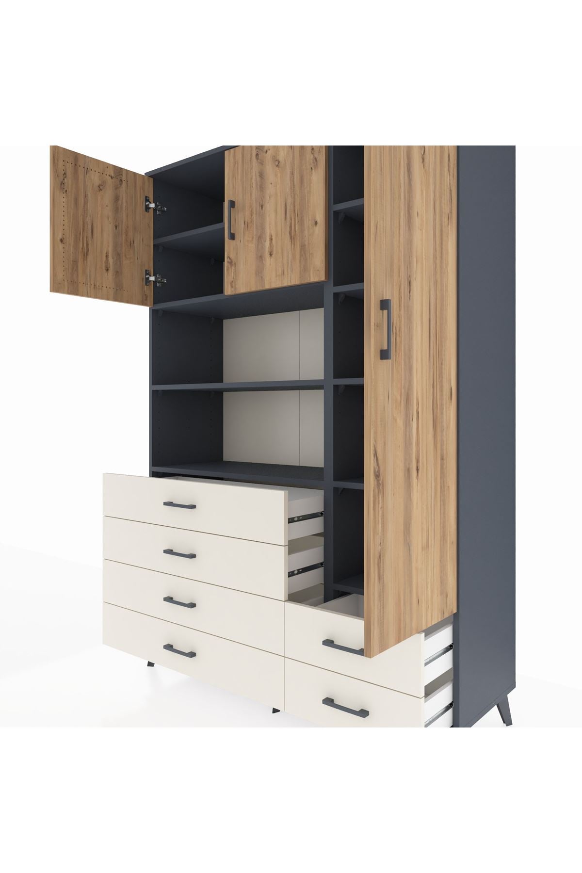 Hyperion Dolap 9 Raflı 6 Çekmeceli 3 Kapaklı 132x44x195 Antrasit-Çam/Aytaşı