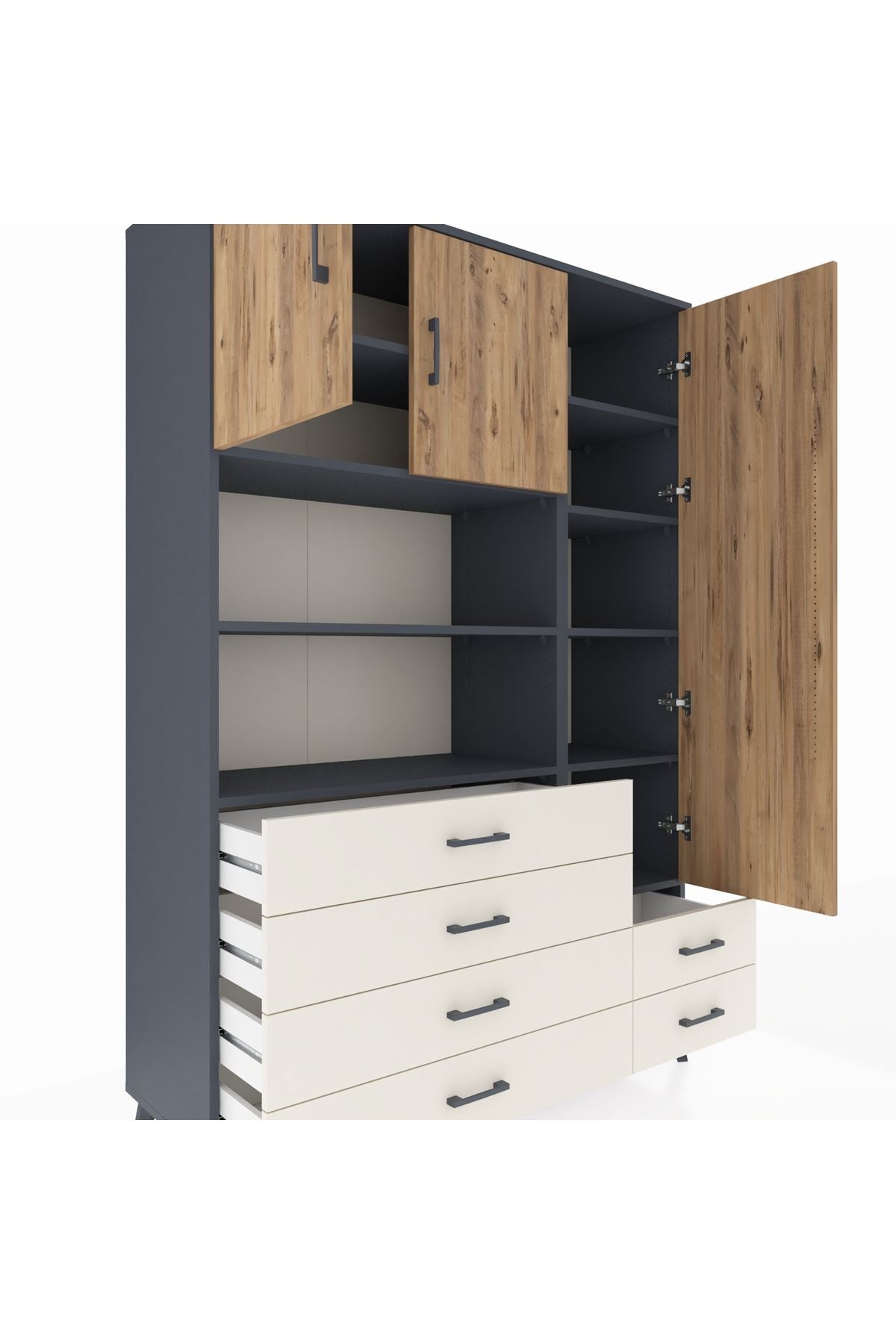 Hyperion Dolap 9 Raflı 6 Çekmeceli 3 Kapaklı 132x44x195 Antrasit-Çam/Aytaşı