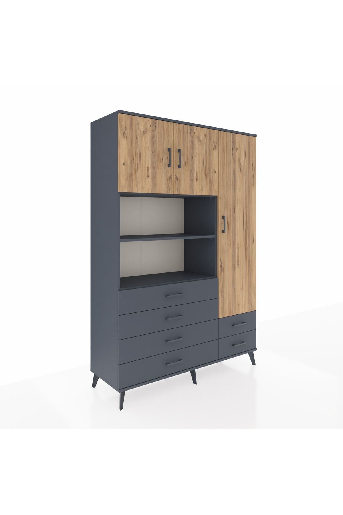 Hyperion Dolap 9 Raflı 6 Çekmeceli 3 Kapaklı 132x44x195 Antrasit-Çam/Antrasit