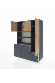 Hyperion Dolap 9 Raflı 6 Çekmeceli 3 Kapaklı 132x44x195 Antrasit-Çam/Antrasit