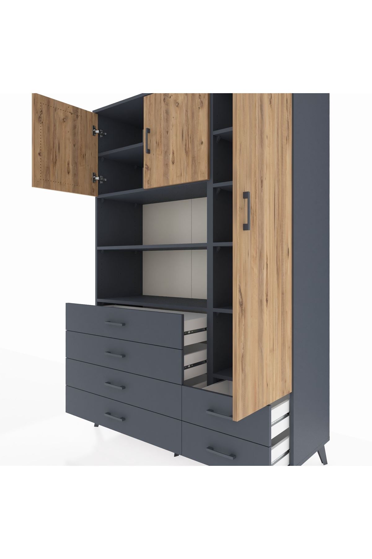 Hyperion Dolap 9 Raflı 6 Çekmeceli 3 Kapaklı 132x44x195 Antrasit-Çam/Antrasit
