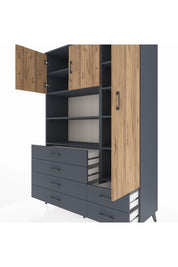 Hyperion Dolap 9 Raflı 6 Çekmeceli 3 Kapaklı 132x44x195 Antrasit-Çam/Antrasit