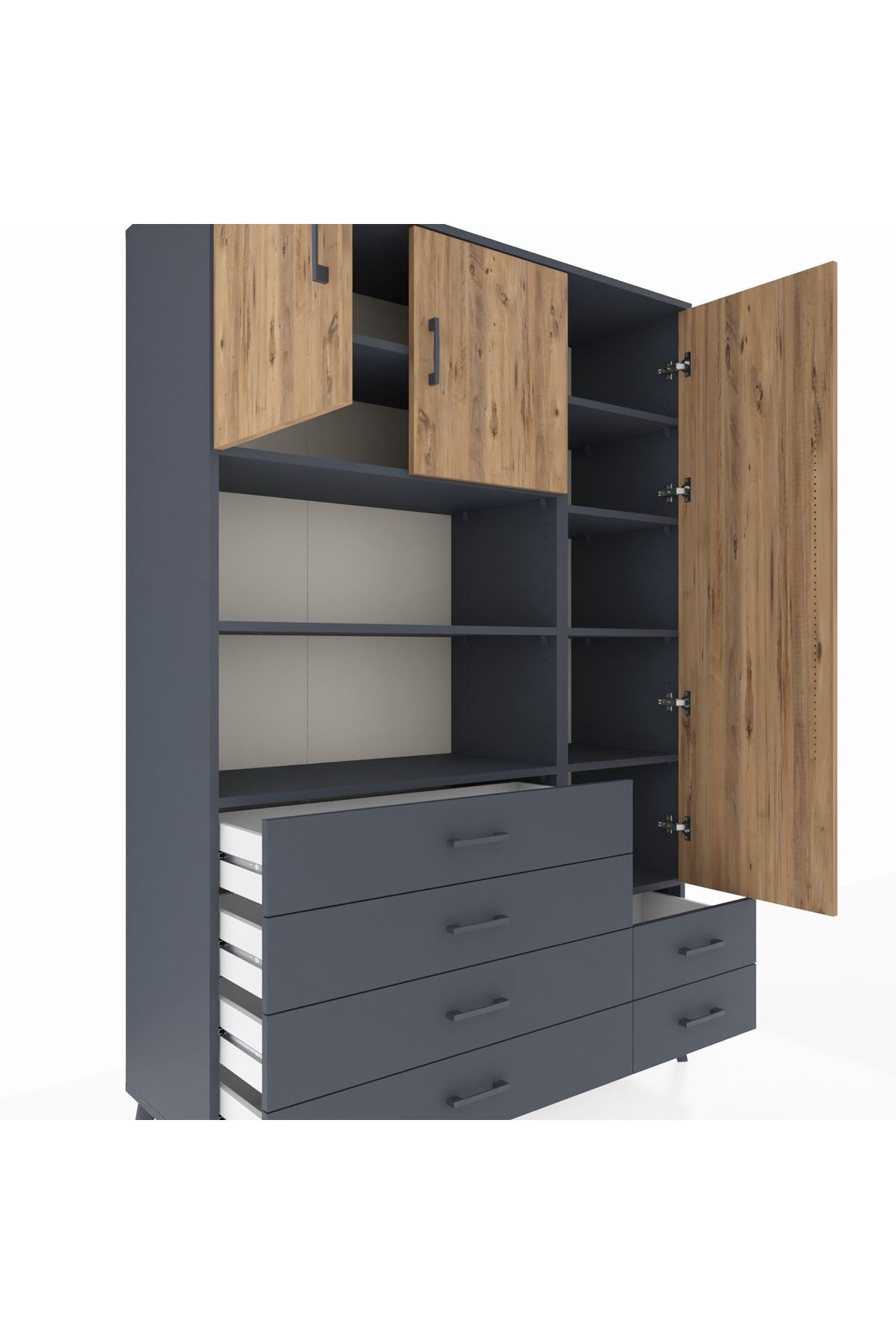 Hyperion Dolap 9 Raflı 6 Çekmeceli 3 Kapaklı 132x44x195 Antrasit-Çam/Antrasit