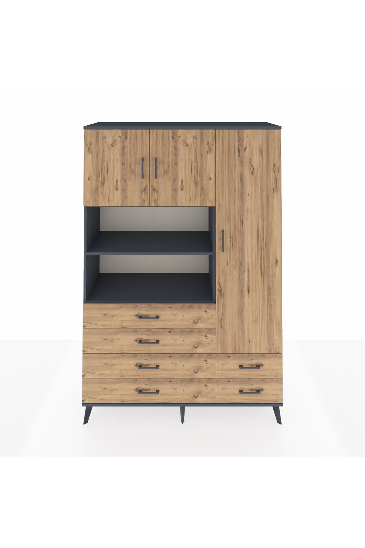 Hyperion Dolap 9 Raflı 6 Çekmeceli 3 Kapaklı 132x44x195 Antrasit-Çam/Çam