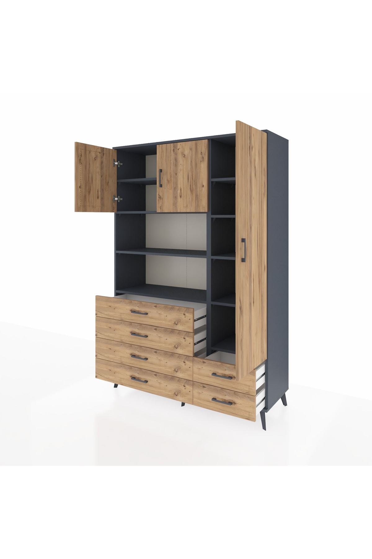 Hyperion Dolap 9 Raflı 6 Çekmeceli 3 Kapaklı 132x44x195 Antrasit-Çam/Çam