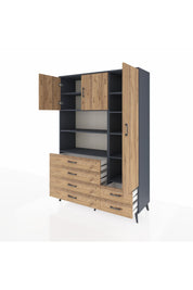 Hyperion Dolap 9 Raflı 6 Çekmeceli 3 Kapaklı 132x44x195 Antrasit-Çam/Çam