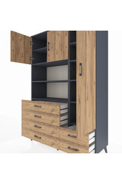 Hyperion Dolap 9 Raflı 6 Çekmeceli 3 Kapaklı 132x44x195 Antrasit-Çam/Çam