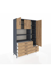Hyperion Dolap 9 Raflı 6 Çekmeceli 3 Kapaklı 132x44x195 Antrasit-Çam/Çam