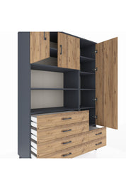 Hyperion Dolap 9 Raflı 6 Çekmeceli 3 Kapaklı 132x44x195 Antrasit-Çam/Çam